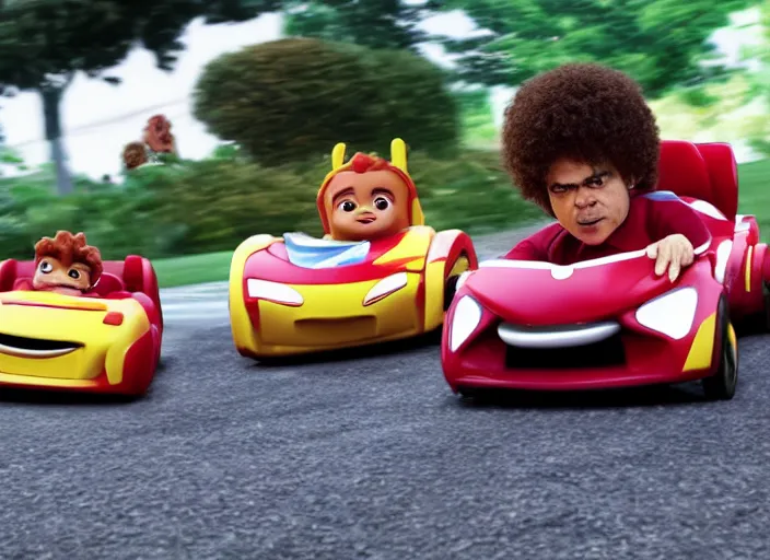 Image similar to peter dinklage racing emmanuel lewis driving a little tikes cars, movie still, from the new fast and furious movie, 8 k, realistic