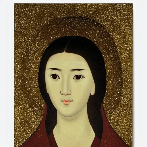 Image similar to portrait of asian looking girl in iconography style andrei rublev glitter