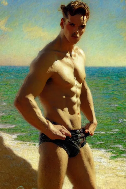 Image similar to beach, attractive male, character design, dynamic lighting, cool and bright tint, painting by gaston bussiere, craig mullins, j. c. leyendecker, tom of finland