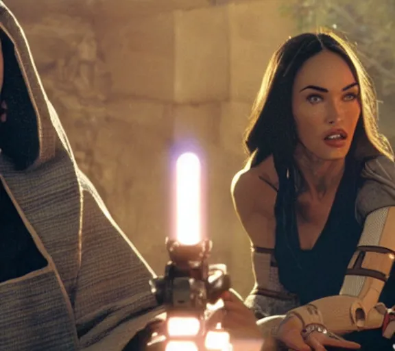 Prompt: Still of Megan Fox on the Jedi Council with R2-D2, being briefed on the clone wars, Star Wars Universe, Cinematic Lighting, beautiful composition, beautiful face, beautiful eyes, 8K resolution