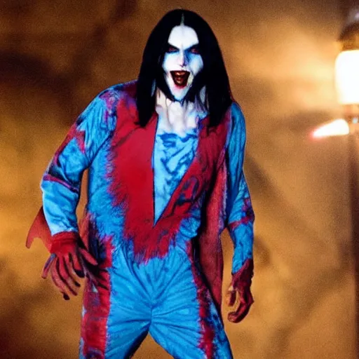 Image similar to Morbius The Living Vampire (Jared Leto) wearing a Hawaiian shirt and swim trunks