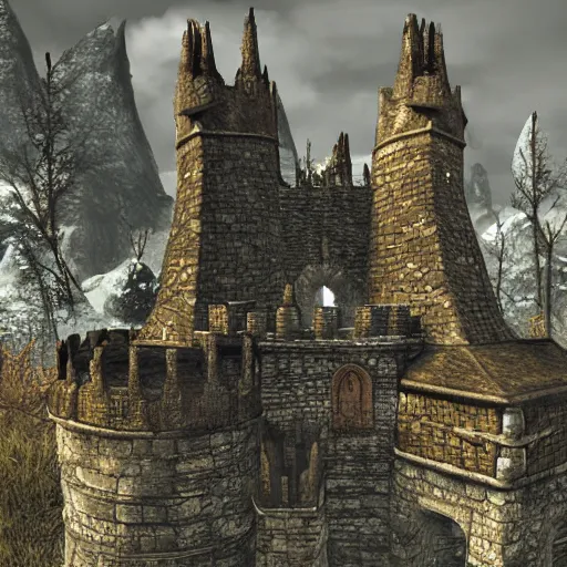 Prompt: Elder Scrolls Skyrim castle tower that is shaped like a fox head, digital art