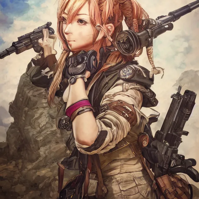 Image similar to the portrait of lawful neutral semi - colorful female infantry gunner as absurdly beautiful, gorgeous, elegant, young anime girl, an ultrafine hyperdetailed illustration by kim jung gi, irakli nadar, intricate linework, bright colors, octopath traveler, final fantasy, unreal engine 5 highly rendered, global illumination, radiant light, detailed and intricate environment