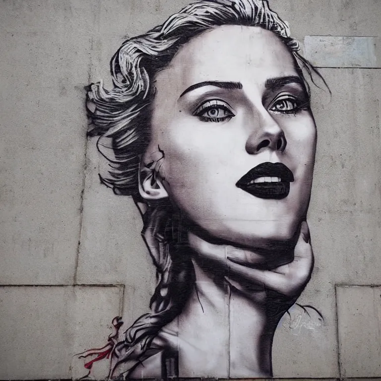 Image similar to Detailed street-art portrait of Scarlett Ingrid Johansson in style of Banksy