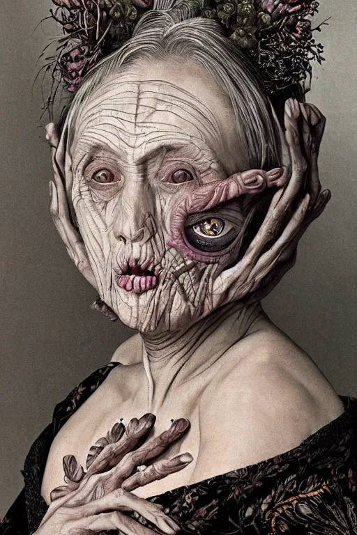 Prompt: Detailed maximalist portrait of a beautiful old woman with large lips and eyes, scared expression, botanical skeletal with extra flesh, HD mixed media, 3D collage, highly detailed and intricate, surreal illustration in the style of Caravaggio, dark art, baroque, centred in image