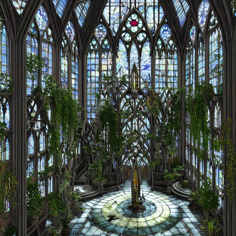 Prompt: celestial garden atrium, hanging gardens, abundant botanicals, stained glass, gothic, neo - gothic, art nouveau, polished white marble, hyperdetailed chrome silver medieval icon, daniel merriam, john stephens, concept art, aetherpunk, unreal engine, detailed intricate environment, octane render, godrays, volumetric lighting, ultrasharp, whimsical, ethereal