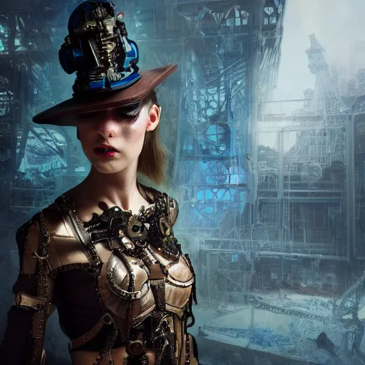 Image similar to robbie margot steampunk cyborg, fantasy, sharp focus, contemporary fashion shoot, by edward robert hughes, annie leibovitz and steve mccurry, david lazar, jimmy nelsson, extremely detailed, hyperrealistic, perfect face, octane render