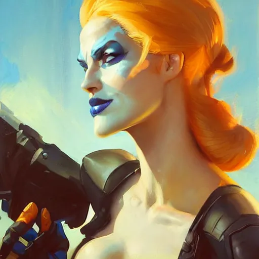 Prompt: Greg Manchess portrait painting of Mystique as Overwatch character, medium shot, asymmetrical, profile picture, Organic Painting, sunny day, Matte Painting, bold shapes, hard edges, street art, trending on artstation, by Huang Guangjian and Gil Elvgren and Sachin Teng