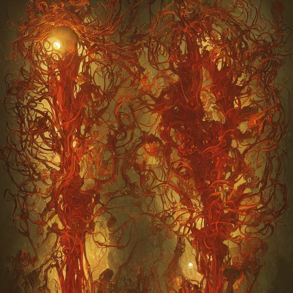 Image similar to fungus monsters by john sweeney and chris mars, red veins by alphonse mucha, intense lighting, light beams, lens flare, intricate, elegant, nightmare, highly detailed, digital painting, artstation, concept art, smooth, sharp focus, illustration