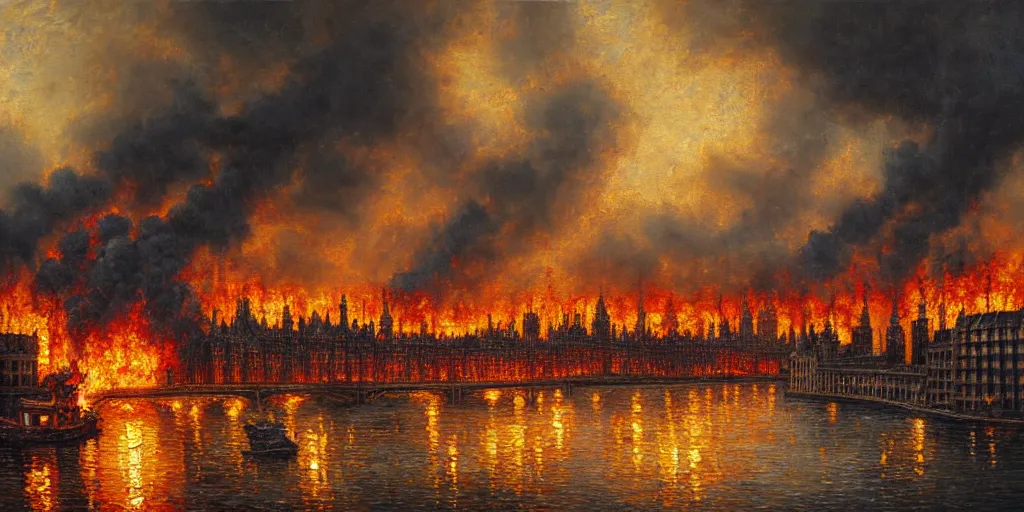 Prompt: oil painting landscape great fire of london, high production value, intricate details, high resolution, hdr, high definition, masterpiece, realistic, ultrarealistic, highly detailed, hd, sharp focus, non blurry, sharp, smooth