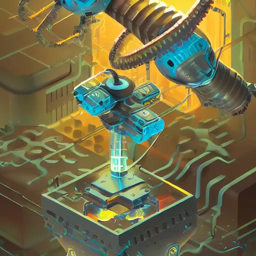 Image similar to isometric scientifically accurate microscopic robotic virus attacking organic biological cell by tyler edlin and petros afshar and christopher balaskas and marius borgeaud and kiliain eng, atomic age maximalist, art nouveau, well proportioned, highly detailed