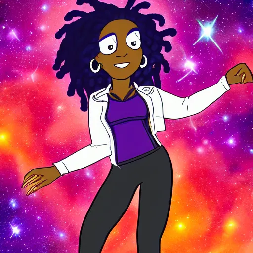 Prompt: black woman with purple dreads in space in the style of steven universe