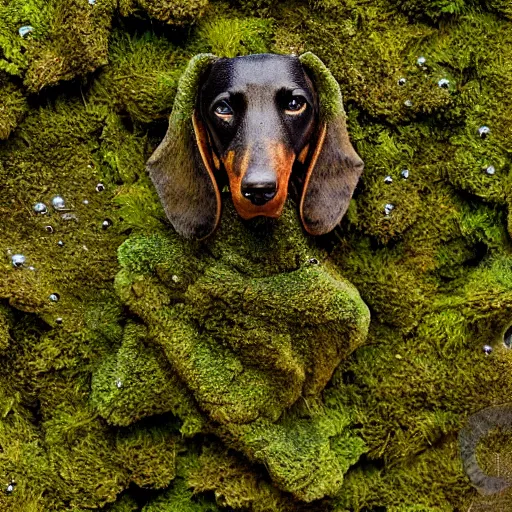 Image similar to rock wall covered with moss. dew droplets forming the shape of a dachshund. macro photography