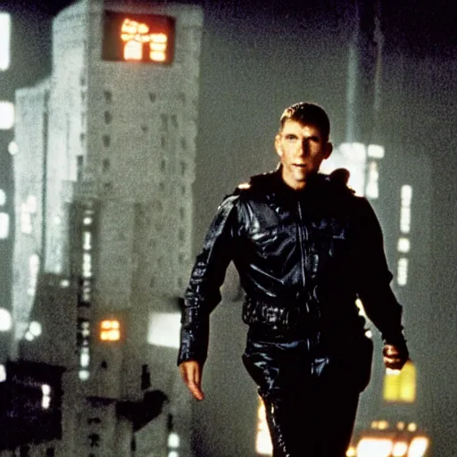 Image similar to film still blade runner Officer Deckard wearing techwear