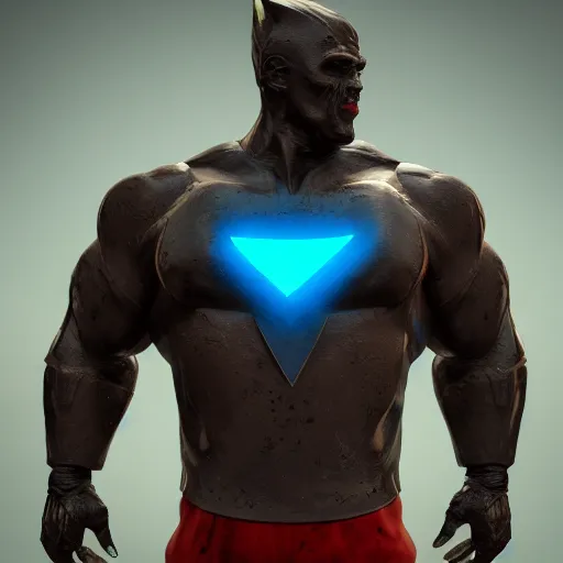 Image similar to muscular hero wearing a cobalt cape with a powershell logo on chest, skin texture, clothing, 3d sculpture, textured, fine detail, lifelike, photo, high resolution, octane render, post processing, after effects, trending on artstation