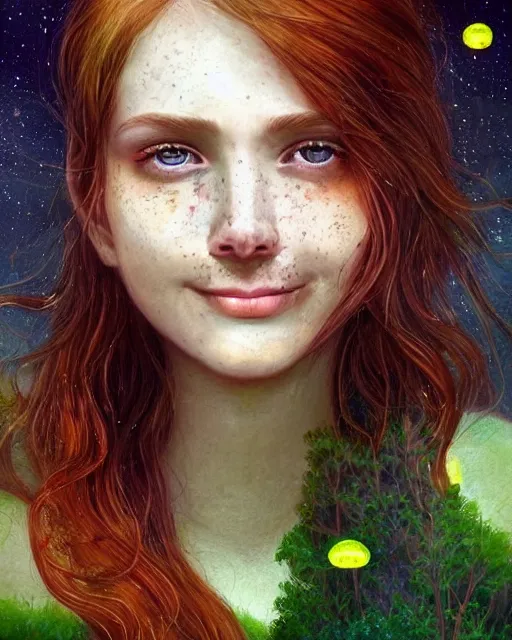 Image similar to infp girl, smiling, amazed by the lights of golden fireflies, amidst nature fully covered, long loose red hair, intricate linework, dreamy green eyes, small nose with freckles, oval shape face, realistic, expressive emotions, dramatic lights, spiritual scene, hyper realistic ultrafine art by battistello caracciolo, albert bierstadt and artgerm