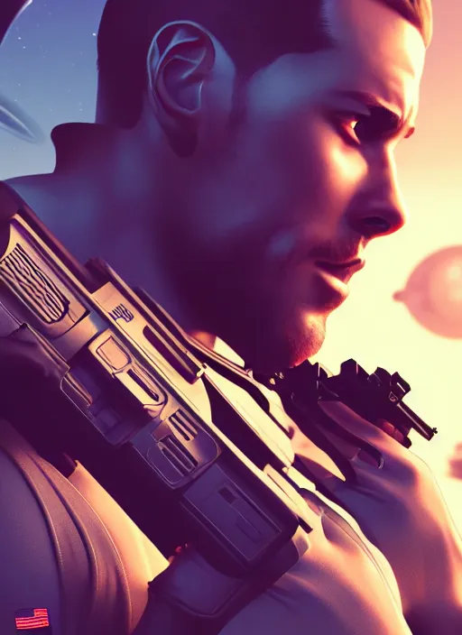 Image similar to side profile centered portrait, man with a gun, spaceship in the background, by artgerm, miles johnstone, frames,. poster, 8 k. elegant, intricate, octane render