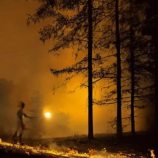 Prompt: Gregory Crewdson full color Photography, A woman walks calmly while her house is on fire, atmospheric lighting , moonlight