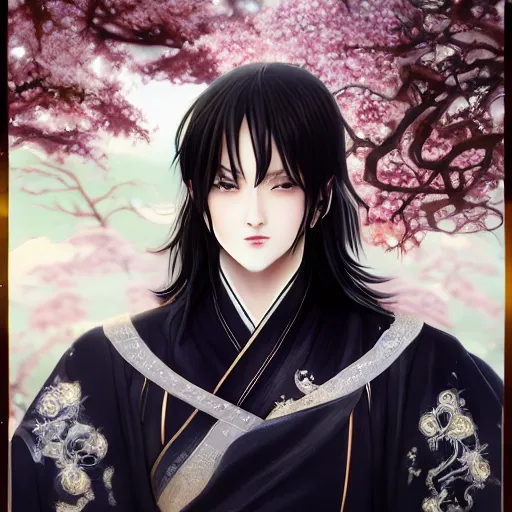 Prompt: a young beautiful prince, golden eyes, long black hair, white hanfu, elegant, intricate, backlit, incredible lighting, strong rim light, subsurface scattering, photorealistic anime, epic beautiful landscape, cherry trees, highly detailed, digital painting, by Heise Jinyao, Heise-Lian Yan Fang, Feimo, Rossdraws, Sakimichan HDRI, vivid colors, high contrast, trending on artstation 8k