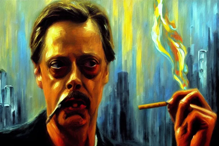 Image similar to expressive detailed impressionistic oil painting of film still of steve buscemi smoking a cigarette in blade runner, 4 k