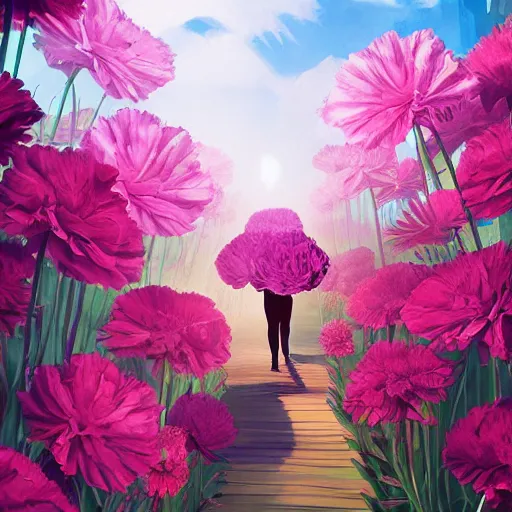 Prompt: large carnation flower head, woman walking between luxury apartments, surreal photography, sunlight, impressionist painting, digital painting, artstation, simon stalenhag