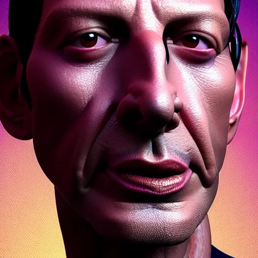 Image similar to close - up jeff goldblum face fused with violet plum, mixed jeff goldplum, fusion jeff goldblum sentient fruit, plum with face of jeff goldblum, highly detailed, unreal engine, 3 d art, digital art, painting by greg rutkowski