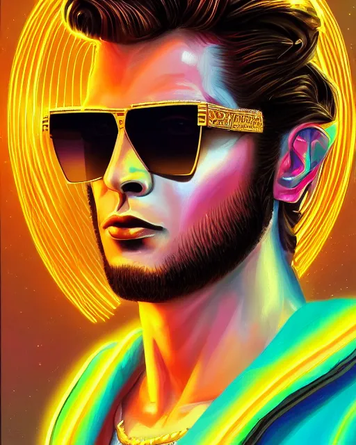 Prompt: synthwave outrun art - deco colorful portrait of glamor greek god zeus | wearing sunglasses and a laurel wreath | highly detailed | very intricate | symmetrical | professional model | cinematic lighting | award - winning | painted by mandy jurgens | pan futurism, dystopian, bold colors, anime aesthestic, 8 0 s nostalgia | featured on artstation
