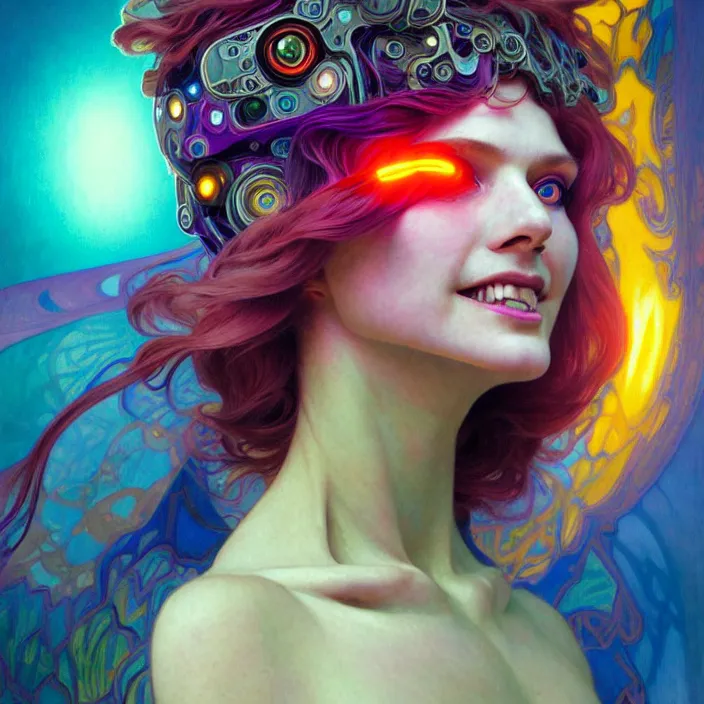 Image similar to bright psychedelic portrait of organic cyborg, wings, smiling, diffuse lighting, fantasy, intricate, elegant, highly detailed, lifelike, photorealistic, digital painting, artstation, illustration, concept art, smooth, sharp focus, art by John Collier and Albert Aublet and Krenz Cushart and Artem Demura and Alphonse Mucha