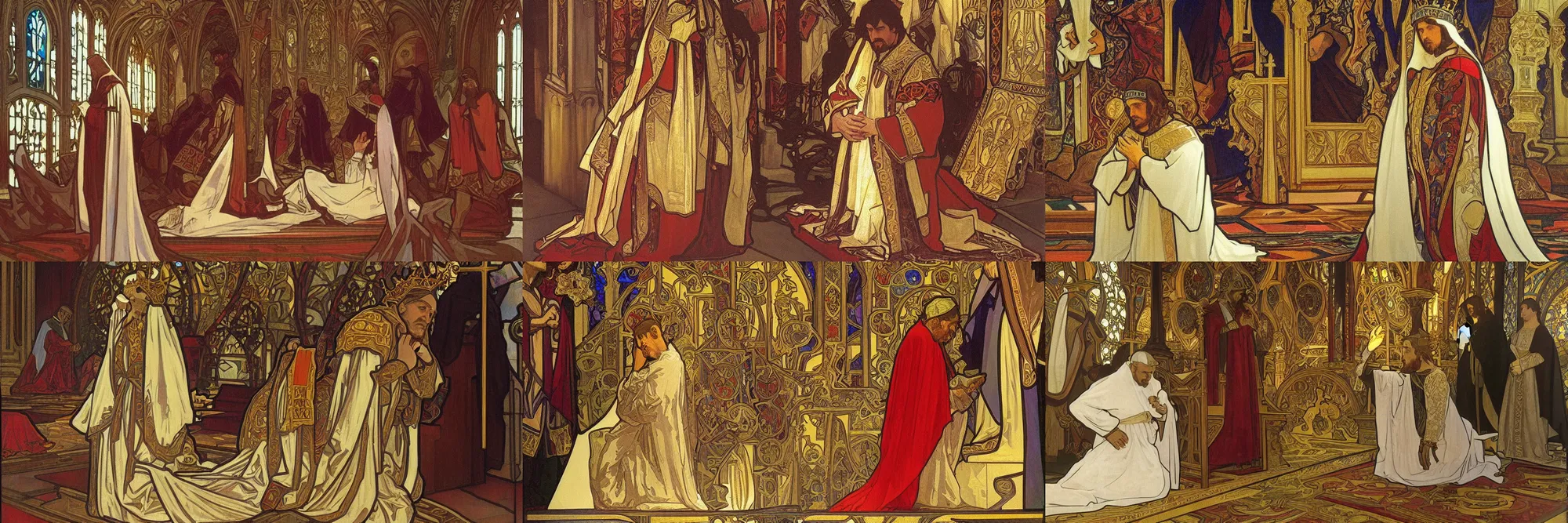 Prompt: masterpiece painting of a medieval king kneeling before the pope, in a church. medium shot, by alphonse mucha