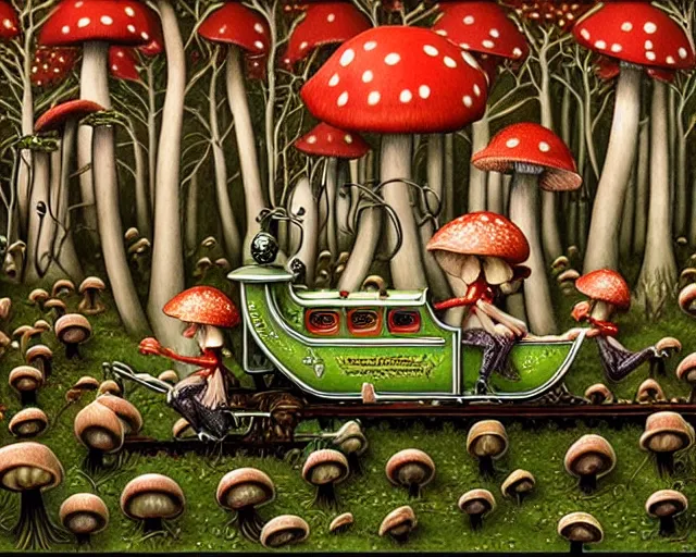 Image similar to intricate detailed mushroom elves riding train in a dark mysterious forest by mark ryden