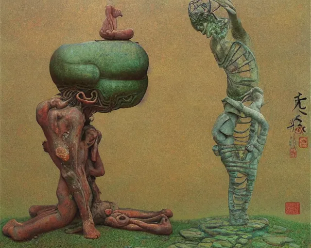 Prompt: titanic ancient god statue bending over a pagan japanese garden by beksinski and bosch, very cohesive and vibrant, serenity, hyperminimalist, 8 k, surreal oil painting, highly detailed, dream like, masterpiece