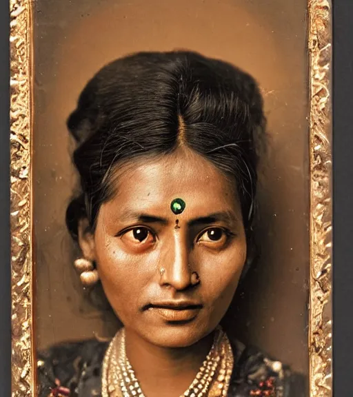 Image similar to vintage_closeup portrait_photo_of_a_stunningly beautiful_nepalese_woman with amazing shiny eyes, 19th century, hyper detailed by Annie Leibovitz