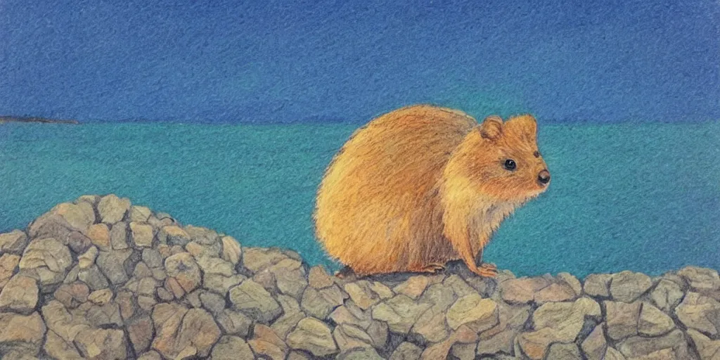 Image similar to detailed illustration, “A happy quokka on Rotttnest Island in the style of May Gibbs”,