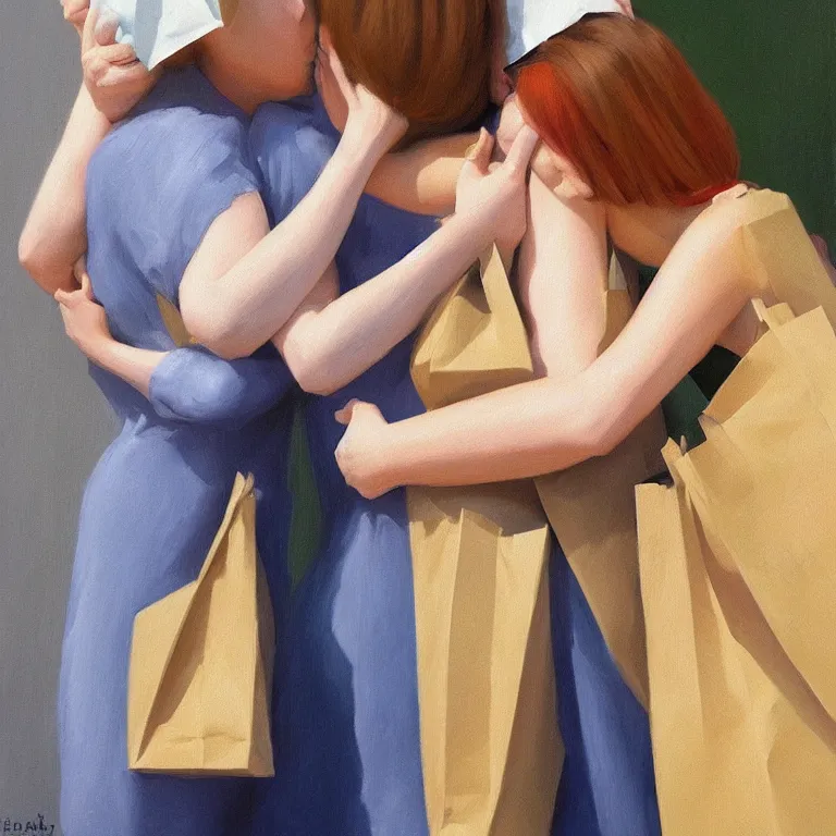 Image similar to two women hugging with a paper bag over the head dressed in plastic bags, highly detailed, artstation, art by, , edward hopper, zdislav beks