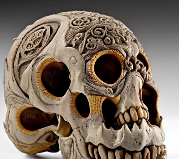 Image similar to an intricately detailed carving in an human - octopus skull, rococo ornate bone and ivory sculpted skull with teeth and tentacles, horror, artifact, micro detailed, inscribed with occult symbols, otherworldly