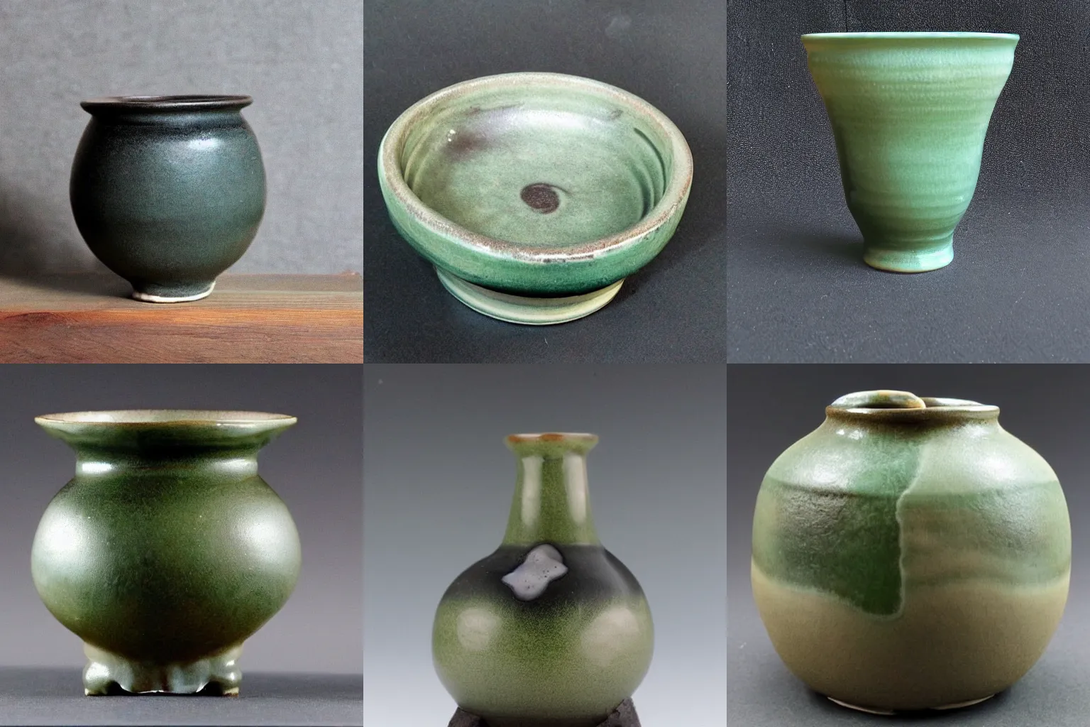 Prompt: japanese pottery, rustic, handmade, dripping, jade glaze, zen, black background