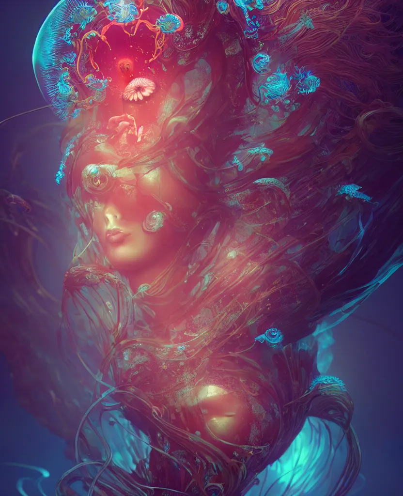 Image similar to goddess close-up portrait. jellyfish phoenix head, nautilus, orchid, skull, betta fish, bioluminiscent creatures, intricate artwork by Tooth Wu and wlop and beeple. octane render, trending on artstation, greg rutkowski very coherent symmetrical artwork. cinematic, hyper realism, high detail, octane render, 8k