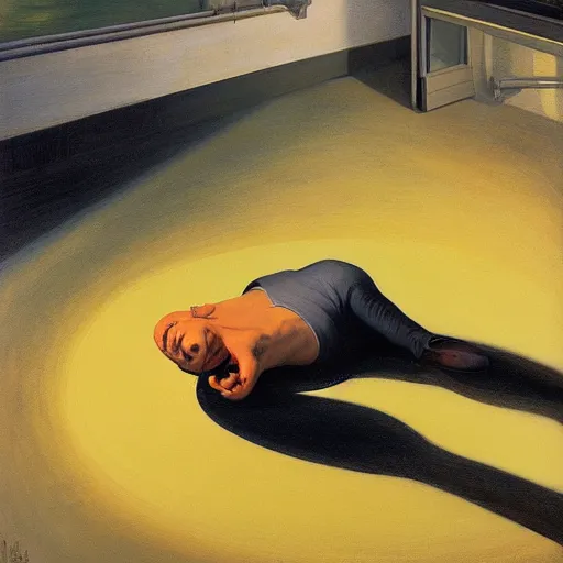 Image similar to a man melting into a puddle of liquid, pj crook, syd mead, livia prima, greg rutkowski, edward hopper