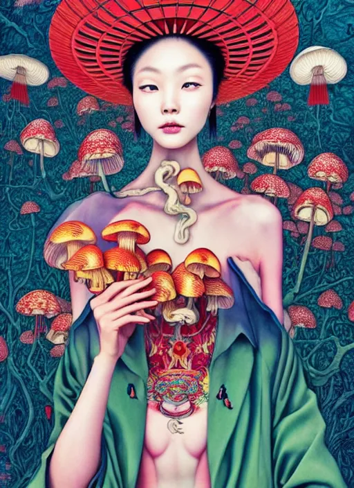 Image similar to pretty chinese model with hallucination mushroom : : by martine johanna and simon stalenhag and chie yoshii and casey weldon and wlop : : ornate, dynamic, particulate, rich colors, intricate, elegant, highly detailed, vogue, harper's bazaar art, fashion magazine, smooth, sharp focus,