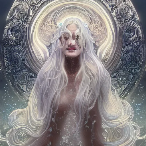 Image similar to a photograpic portrait of a anthropomorphic bioluminescent water wave wearing white clothes, fantasy, intricate, elegant, highly detailed, digital painting, artstation, concept art, smooth, sharp focus, illustration, art by artgerm and H R Giger and alphonse mucha