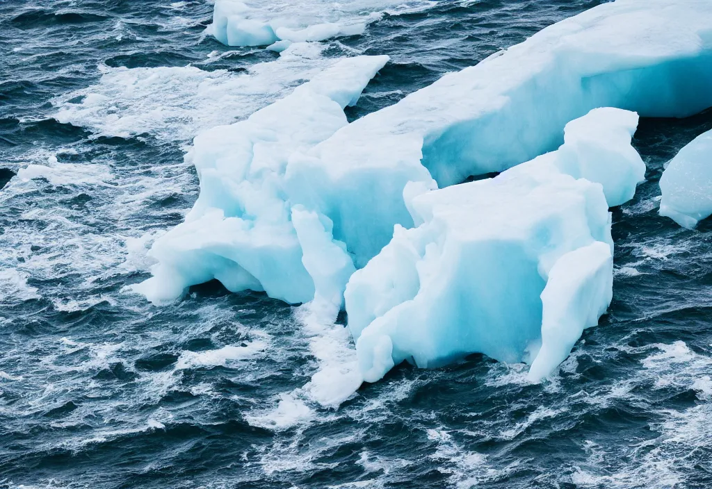 Image similar to fashion editorial on melting iceberg falling in the sea. huge waves. highly detailed. depth of field. high definition. 8k. photography.