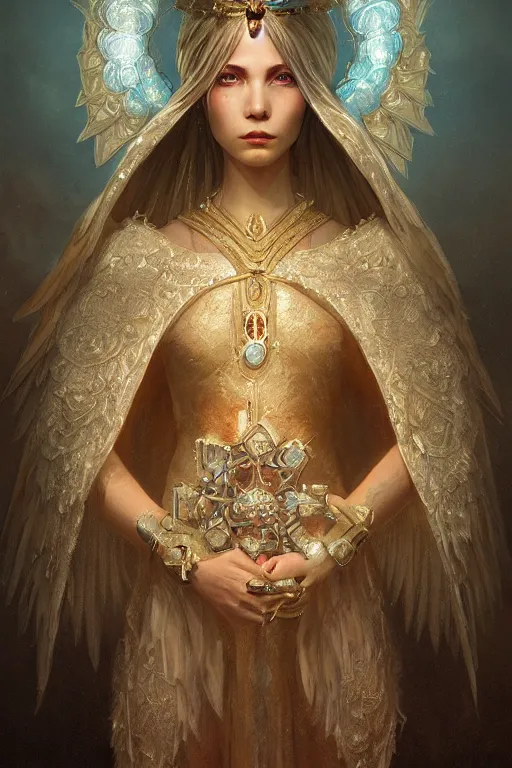 Image similar to A beautiful digital painting of a female Seraphim, intricate jewels, princess, intricate, cinematic lighting, highly detailed, digital painting, Artstation, concept art, smooth, sharp focus, illustration, art by Tom Bagshaw, Artgerm and Greg Rutkowski