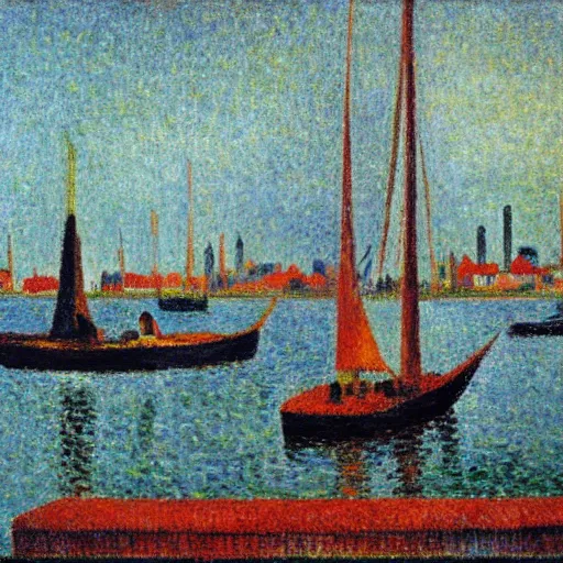 Image similar to vlaardingen harbor, oil painting by seurat, monet, modigliani, renoir