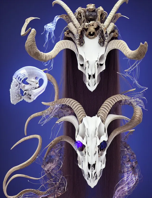 Image similar to 3 d goddess goat skull half - turn portrait with long hair with ram skull. beautiful intricately detailed japanese crow kitsune mask and clasical japanese kimono. betta fish, jellyfish phoenix, bio luminescent, plasma, ice, water, wind, creature, artwork by tooth wu and wlop and beeple and greg rutkowski