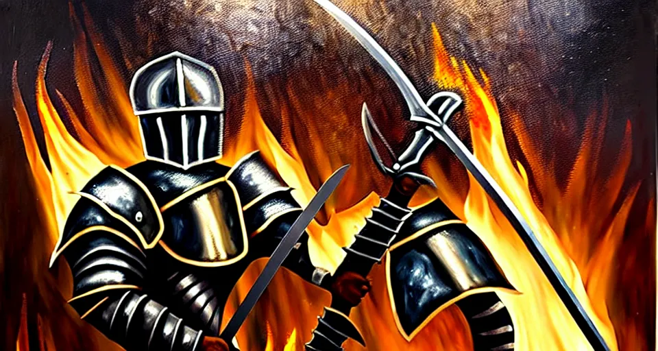 Image similar to An oil painting of a knight in dark metal armor wielding a flaming sword