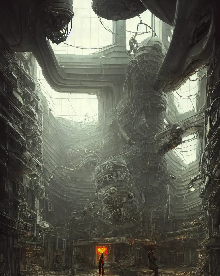 Image similar to low angle shot of a cyberpunk robot character inside a chernobyl room, intricate, elegant, highly detailed, centered, digital painting, artstation, concept art, smooth, sharp focus, illustration, artgerm, tomasz alen kopera, peter mohrbacher, donato giancola, joseph christian leyendecker, wlop, boris vallejo