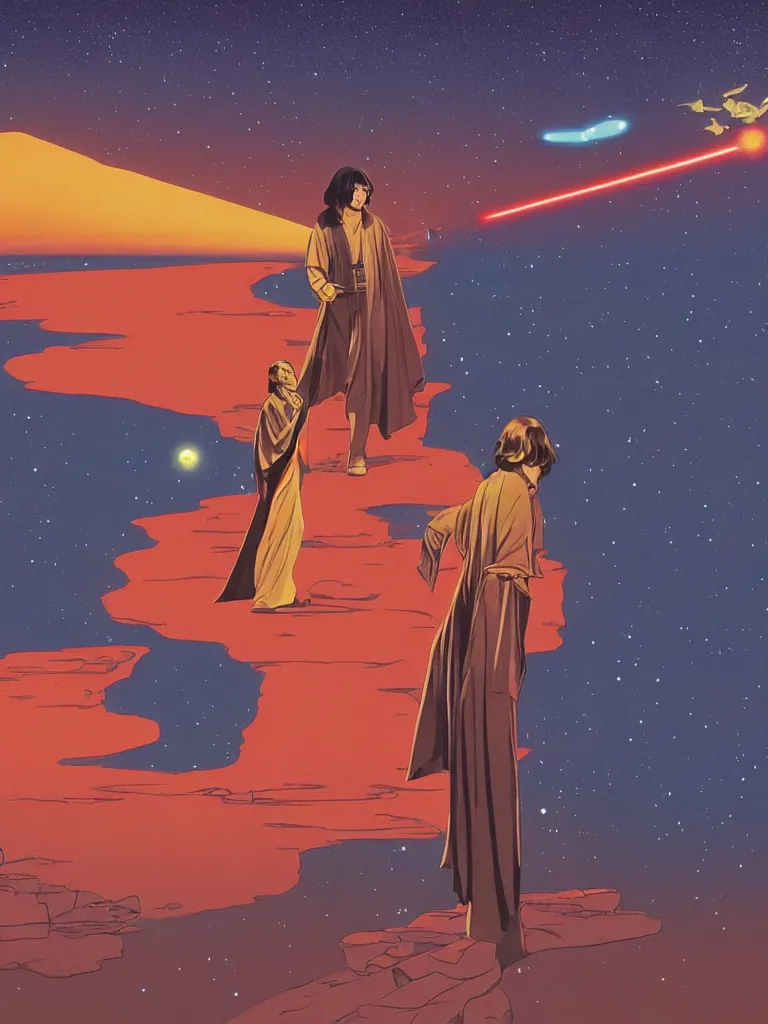 Image similar to a picture of george harrison as a jedi, taking mind altering drugs, a blotter paper of lsd acid and dreaming psychedelic hallucinations in a vast star wars landscape, by kawase hasui, moebius, edward hopper, colorful flat surreal design, dramatic lighting, hd, 8 k, artstation