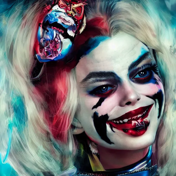 Image similar to portrait of Margot Robbie as a harley quinn. intricate abstract. intricate artwork. nightmare fuel. by Tooth Wu, wlop, beeple, dan mumford. octane render, trending on artstation, greg rutkowski very coherent symmetrical artwork. cinematic, hyper realism, high detail, octane render, 8k, iridescent accents