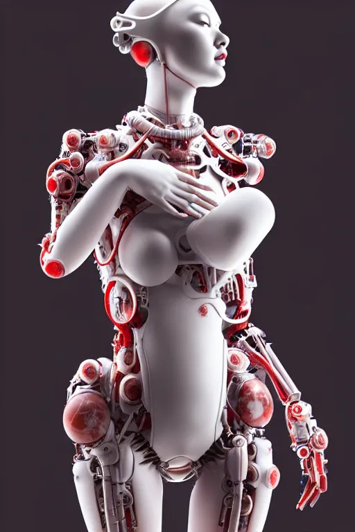 Image similar to a statue made of red marble, of an beautiful chinese girl, full body shot, perfect body, white biomechanical, inflateble shapes, wearing epic bionic cyborg implants, masterpiece, intricate, biopunk futuristic wardrobe, vogue, highly detailed, artstation, concept art, background galaxy, cyberpunk, octane render