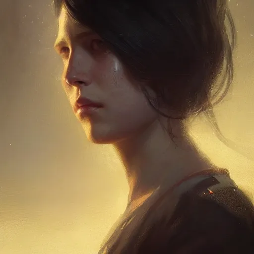 Image similar to highly detailed portrait of a young woman with long dark hair, art by greg rutkowski, unreal engine, high quality, vivid, stunning lighting